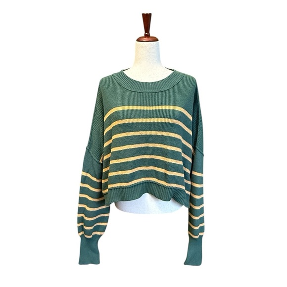 Free People Stripe Easy Street Crop Sweater Green and Tan Size Large #1884. - Picture 9 of 10
